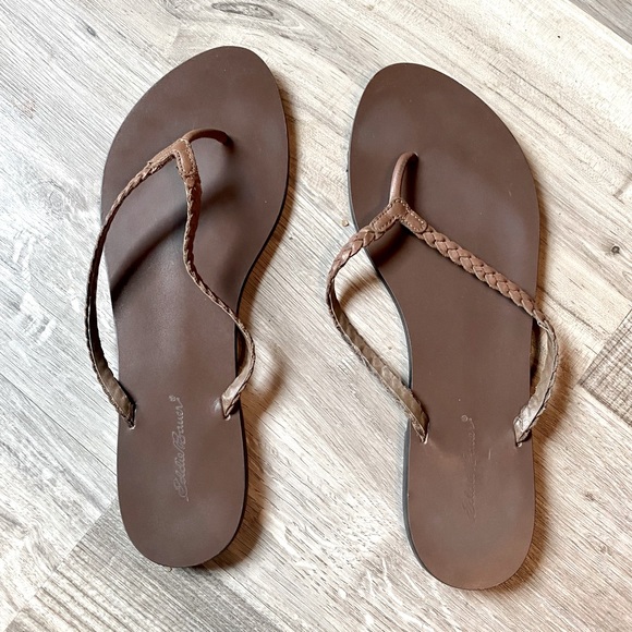 Eddie Bauer Womens Sandals Size 9 Leather Brown Braided Straps Flip Flop Summer - Picture 1 of 5